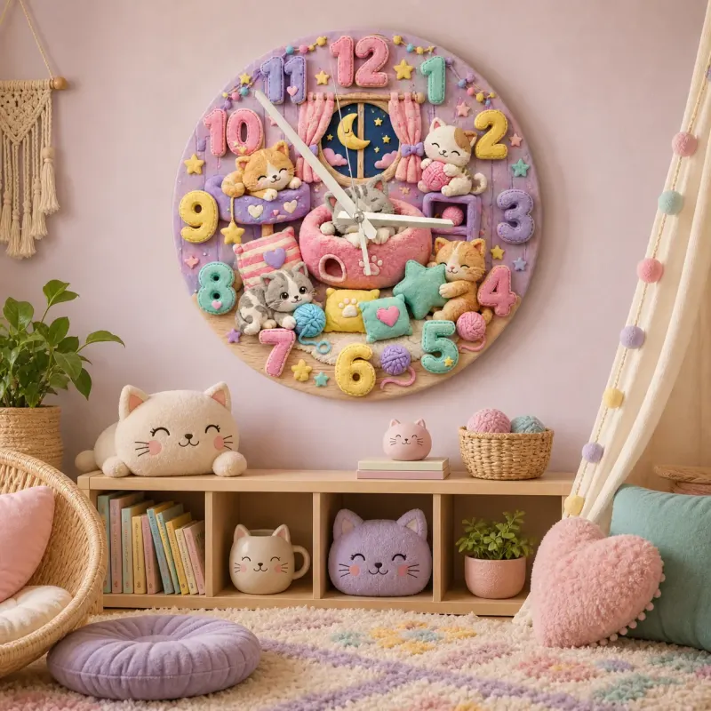 Pastel Sleeping Kittens Kids Room Wall Clock
