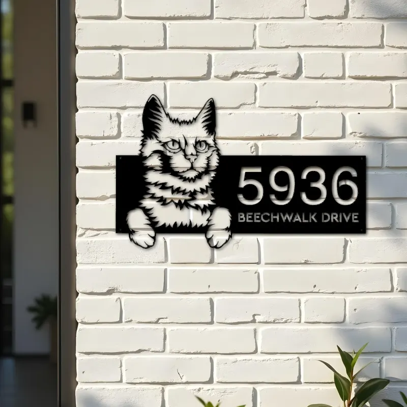 Custom Metal Turkis Angora Cute peeking cat Metal Address Sign, House number, Outdoor Number Signage, Yard Sign Address Plate