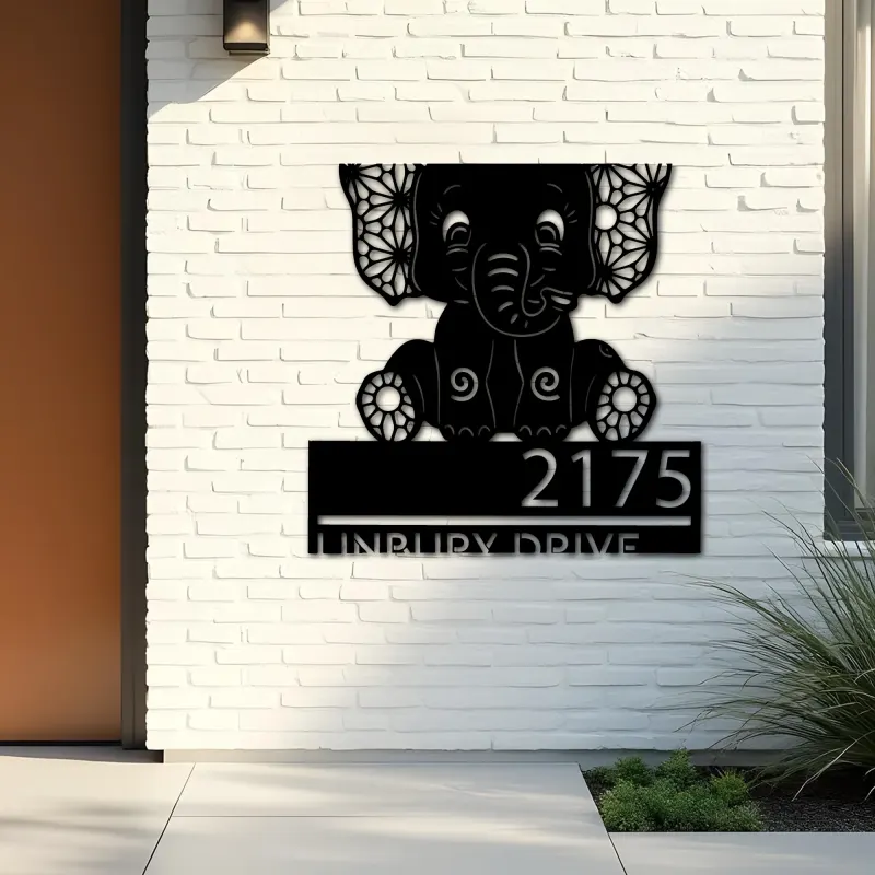 Custom Metal Cute Baby elephant Metal Address Sign, House number, Outdoor Number Signage, Yard Sign Address Plate