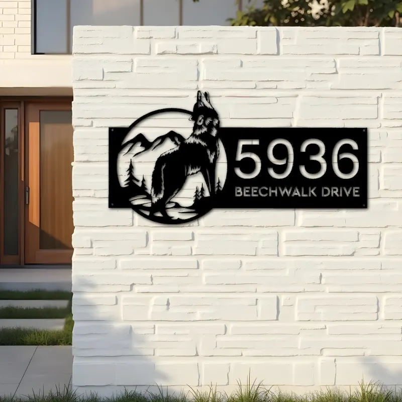 Custom Metal Wolf Mountain scene wild life Metal Address Sign, House number, Outdoor Number Signage, Yard Sign Address Plate