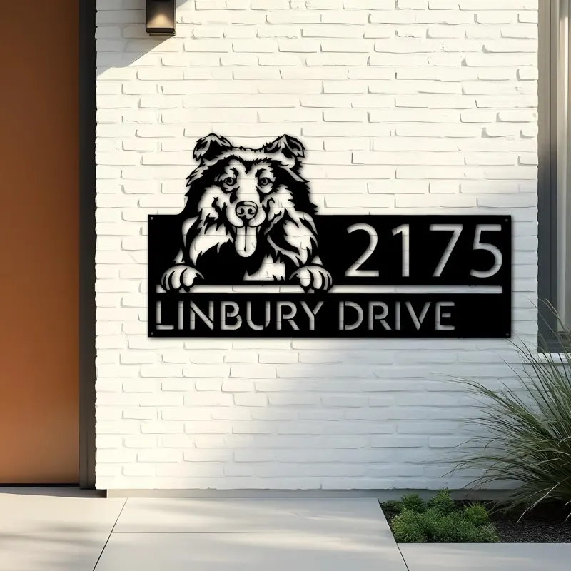 Custom Metal Collie dog Puppy Metal Address Sign House number Hanging Address Plaque Yard Sign Outdoor decor