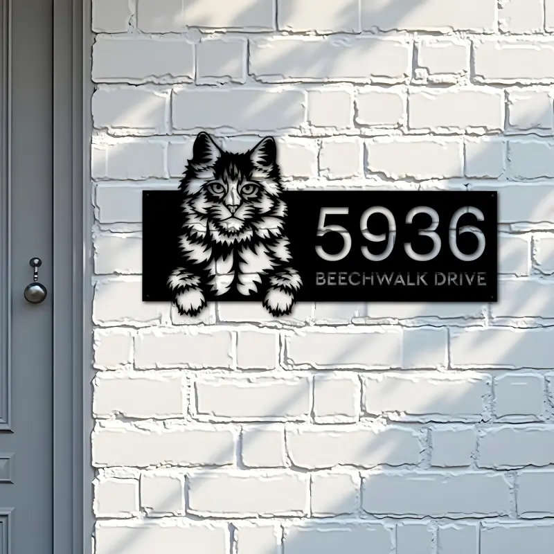 Custom Metal Main coon Cute peeking cat kitten Metal Address Sign, House number, Outdoor Number Signage, Yard Sign Address Plate