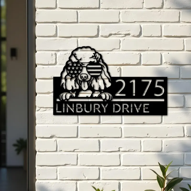 Custom Metal Poodle dog US flag glasses Metal Address Sign House number Hanging Address Plaque Yard Sign Outdoor decor