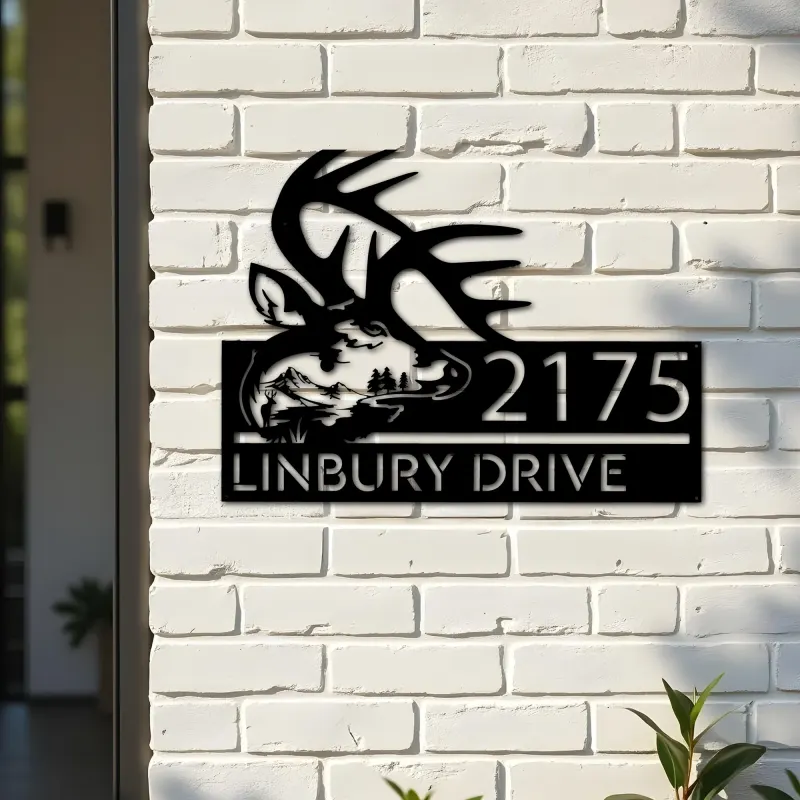 Custom Metal Deer buck head mountain scene Wild life Metal Address Sign, House number, Outdoor Number Signage, Yard Sign Address Plate