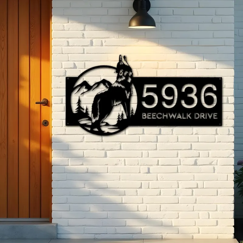 Custom Metal Wolf Mountain scene wild life Metal Address Sign, House number, Outdoor Number Signage, Yard Sign Address Plate