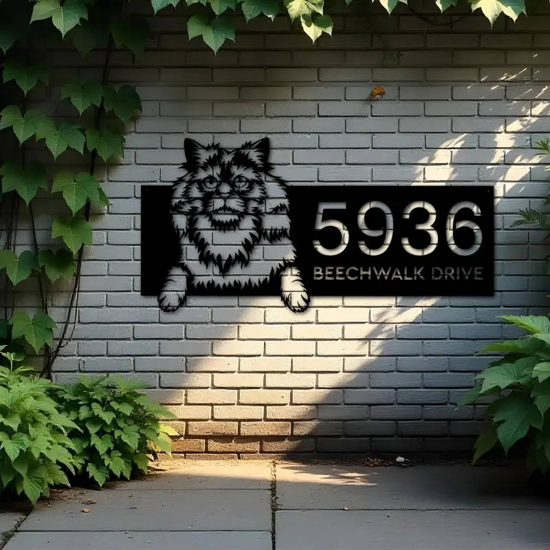 Custom Metal Selkirk rex Cute peeking cat kitten Metal Address Sign, House number, Outdoor Number Signage, Yard Sign Address Plate