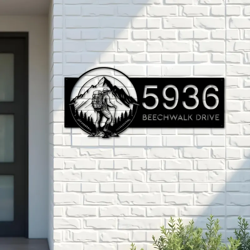 Custom Metal Hiker Camping mountain climbing Metal Address Sign, House number, Outdoor Number Signage, Yard Sign Address Plate