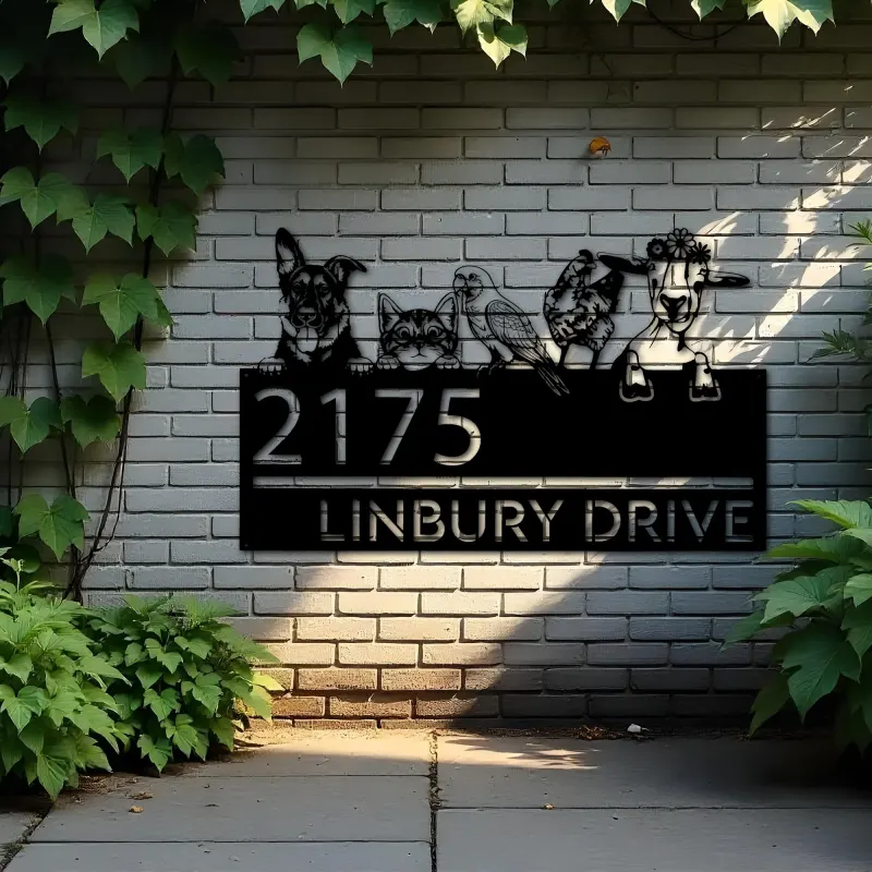Custom Metal German shepherd cat parrot chicken and goat Metal Address Sign, House number, Outdoor Number Signage, Yard Sign Address Plate
