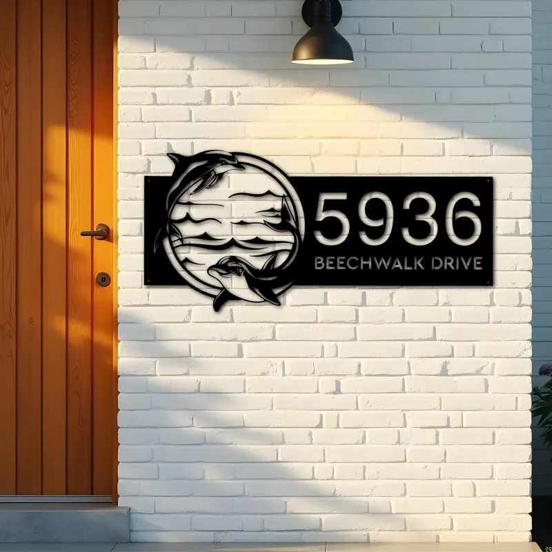 Custom Metal Dolphins sea life animals Metal Address Sign, House number, Outdoor Number Signage, Yard Sign Address Plate