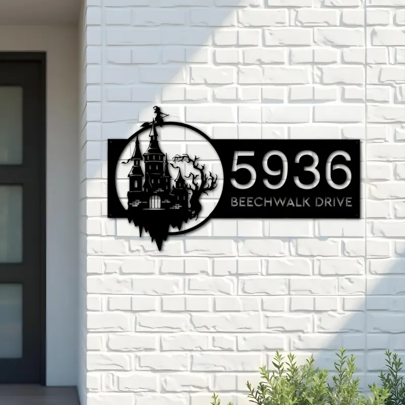 Custom Metal Haunted Castle Flying Witch Halloween Metal Address Sign House number Hanging Address Plaque Yard Sign Outdoor
