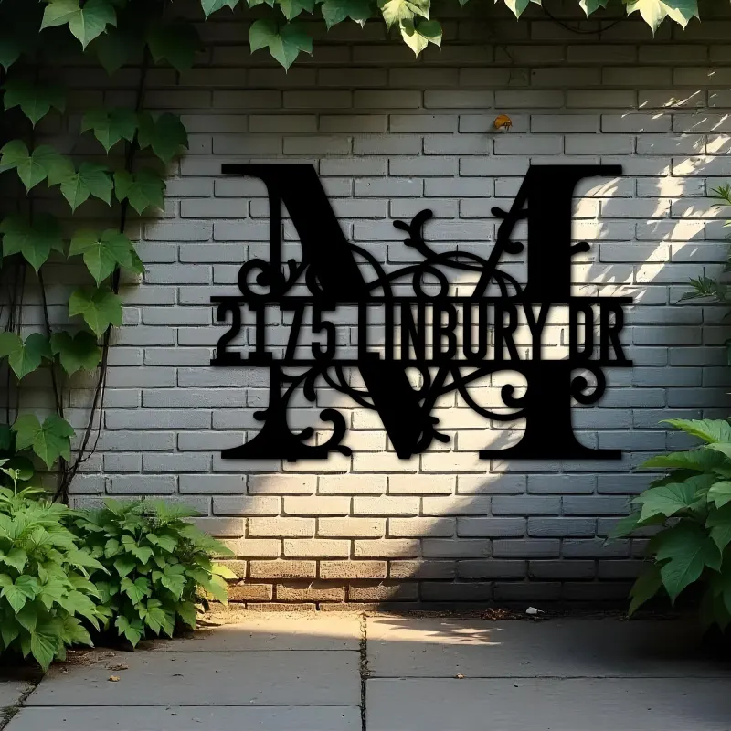 Custom Metal Floral Monogram Split Letter M Metal Address Sign House number Hanging Address Plaque Yard Sign Outdoor decor