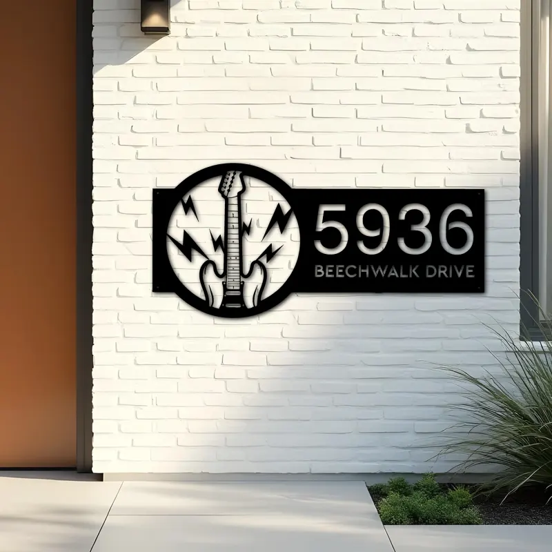 Custom Metal Electric guitar Metal Address Sign Custom House number Hanging Address Plaque Yard Sign Outdoor
