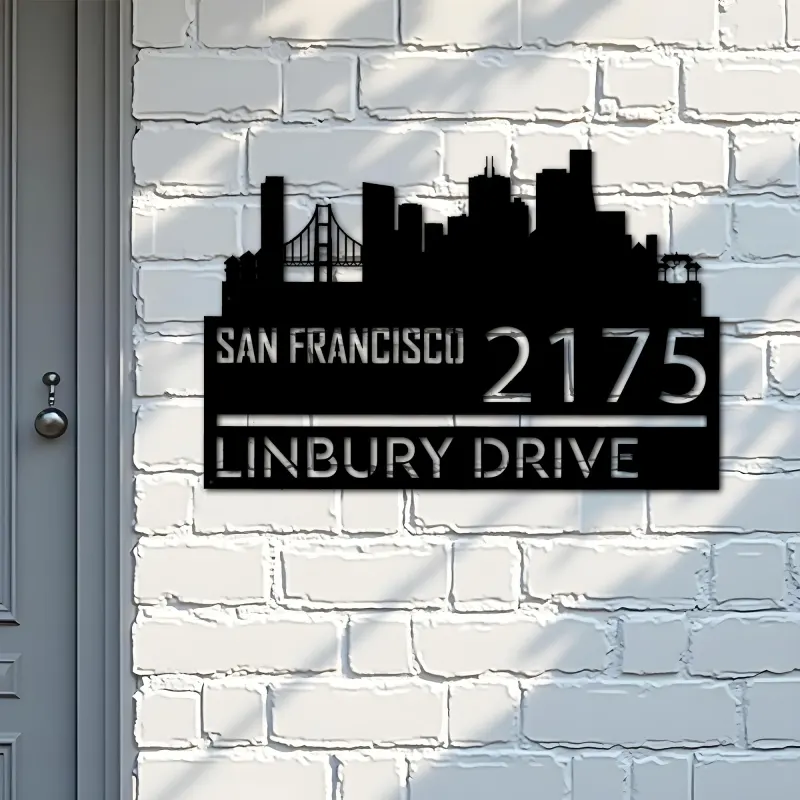 Custom Metal San Francisco city skyline Metal Address Sign Hanging Address Plaque house number Yard Outdoor Sign