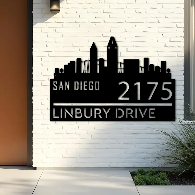 Custom Metal San Diego city skyline Metal Address Sign Hanging Address Plaque house number Yard Outdoor Sign