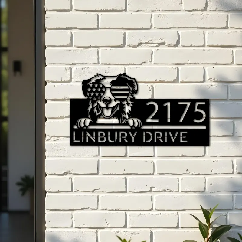 Custom Metal Australian Shepherd dog US glasses Metal Address Sign House number Hanging Address Plaque Yard Sign Outdoor decor