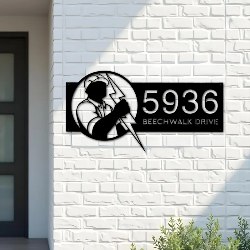 Custom Metal Electrician lineman Metal Address Sign, House number, Outdoor Number Signage, Yard Sign Address Plate