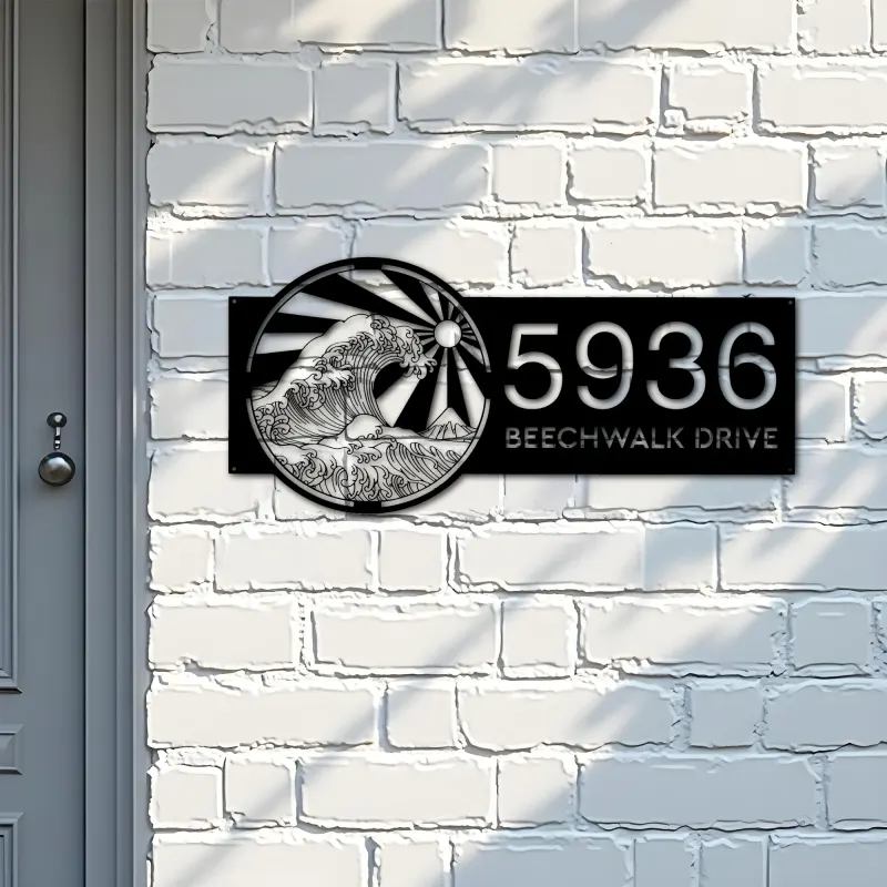 Custom Metal Japan Water Ocean Wave scene Metal Address Sign, House number, Outdoor Number Signage, Yard Sign Address Plate