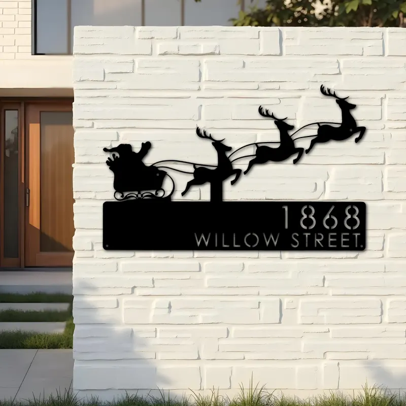Custom Metal Santa claus Christmas Reindeer sleigh Metal Address Sign, House number, Outdoor Number Signage, Yard Sign Address Plate
