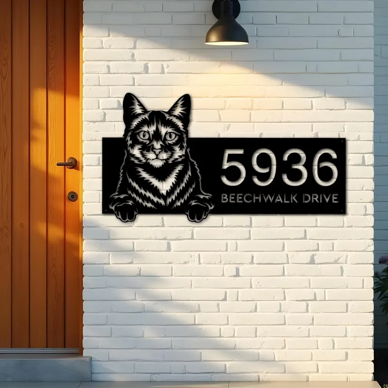 Custom Metal Domestic Cute peeking cat kitten Metal Address Sign, House number, Outdoor Number Signage, Yard Sign Address Plate