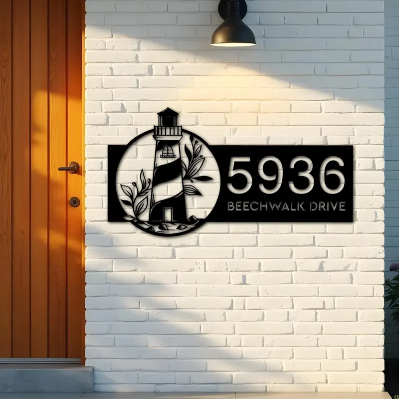 Custom Metal Floral lighthouse Metal Address Sign, House number, Outdoor Number Signage, Yard Sign Address Plate