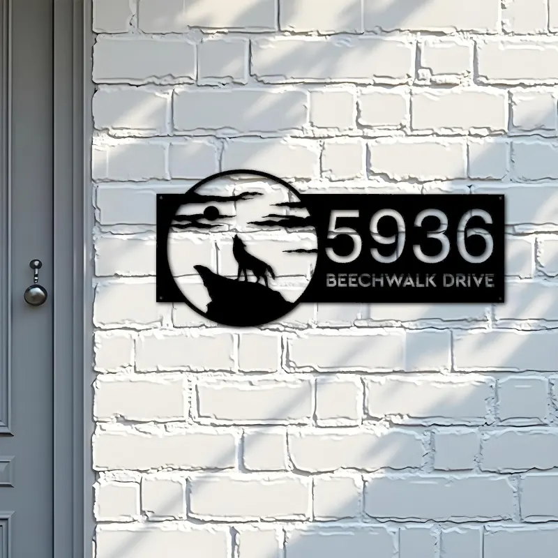 Custom Metal Wolf howling full moon wild animal Metal Address Sign, House number, Outdoor Number Signage, Yard Sign Address Plate