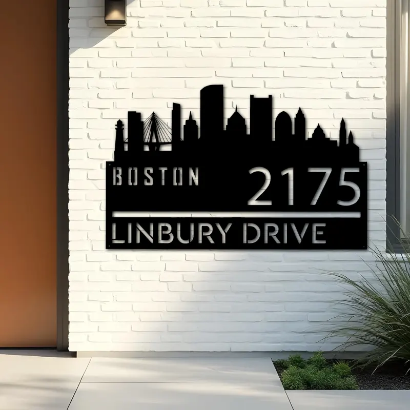 Custom Metal Boston city skyline Metal Address Sign Hanging Address Plaque house number Yard Outdoor Sign