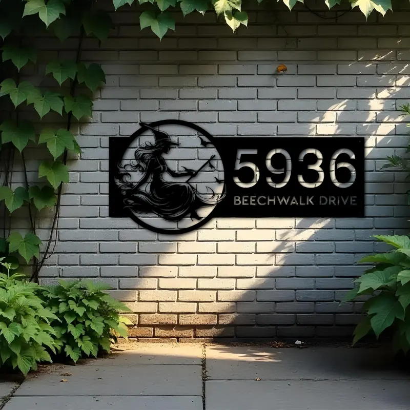 Custom Metal Halloween Cute flying witch Metal Address Sign Custom House number Hanging Address Plaque Yard Outdoor Sign
