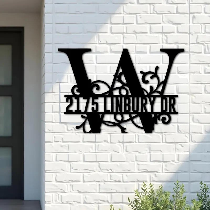 Custom Metal Floral Monogram Split Letter W Metal Address Sign House number Hanging Address Plaque Yard Sign Outdoor decor