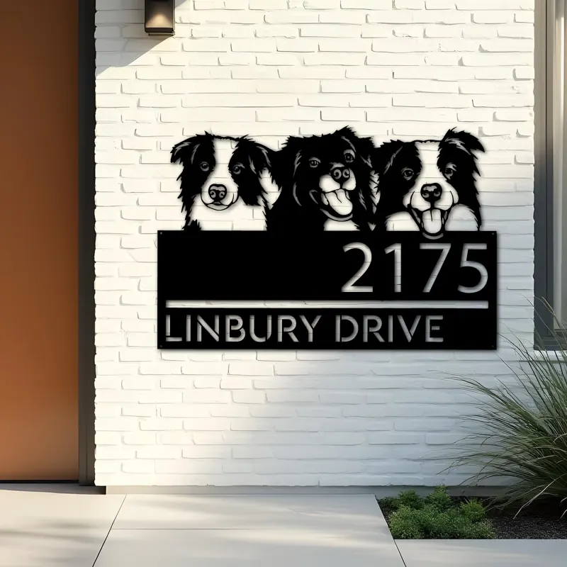 Custom Metal Peeking dogs border collie Metal Address Sign, House number, Outdoor Number Signage, Yard Sign Address Plate