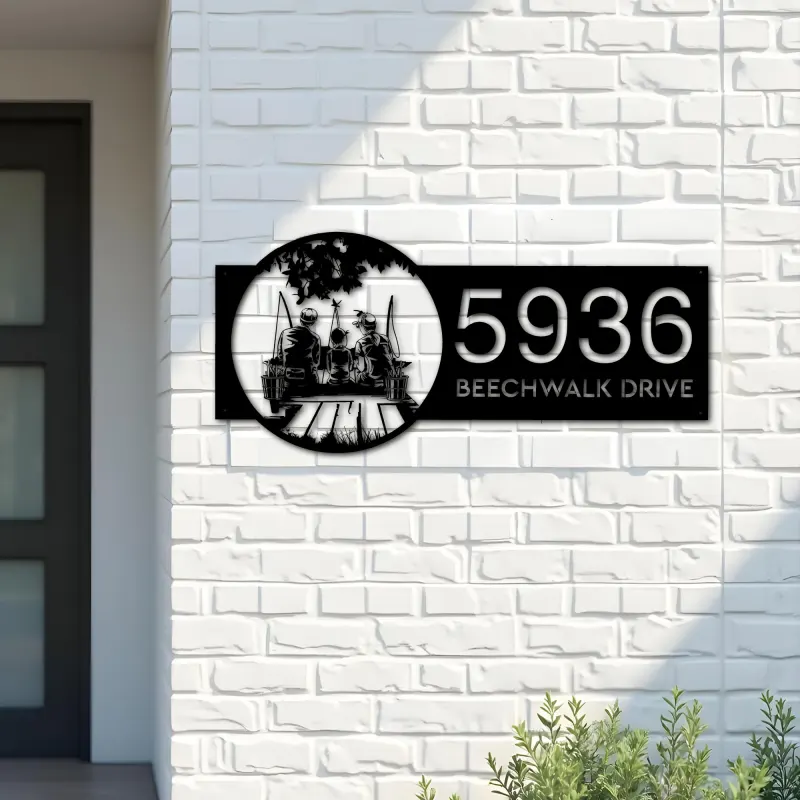 Custom Metal Mom Dad and son go fishing Metal Address Sign Custom House number Hanging Address Plaque Yard Sign Outdoor