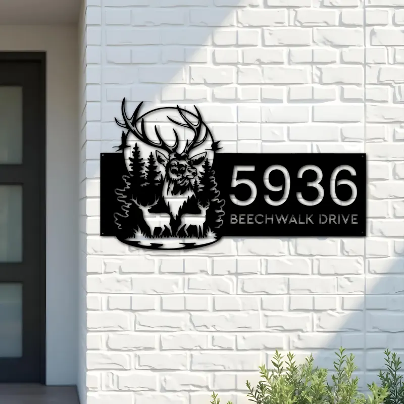 Custom Metal Deer buck forest scene Metal Address Sign, House number, Outdoor Number Signage, Yard Sign Address Plate