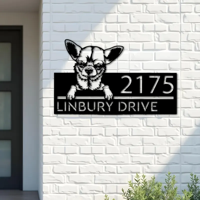 Custom Metal Chihuahua dog Puppy Metal Address Sign House number Hanging Address Plaque Yard Sign Outdoor decor