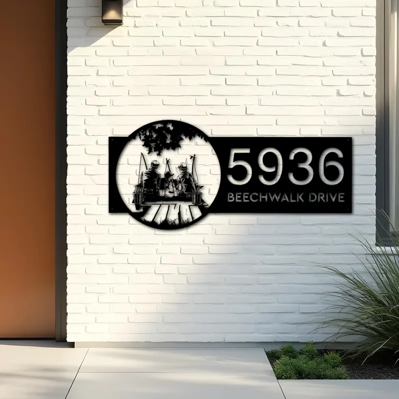 Custom Metal Father mom and daughter fishing Metal Address Sign Custom House number Hanging Address Plaque Yard Sign Outdoor