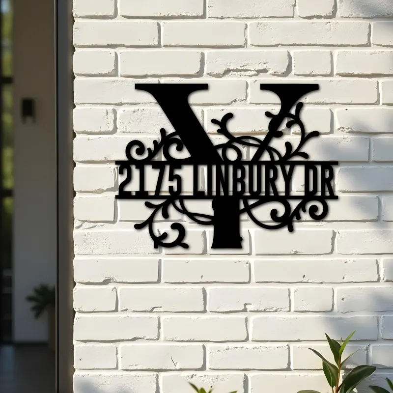 Custom Metal Floral Monogram Split Letter Y Metal Address Sign House number Hanging Address Plaque Yard Sign Outdoor decor