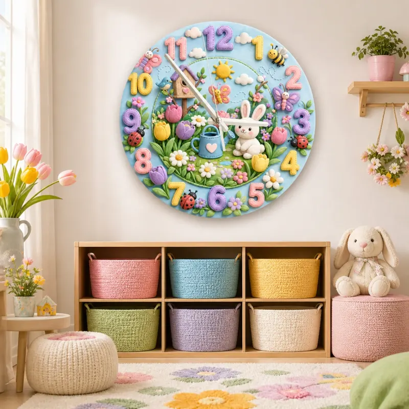 Spring Garden Bunny Kids Room Wall Clock