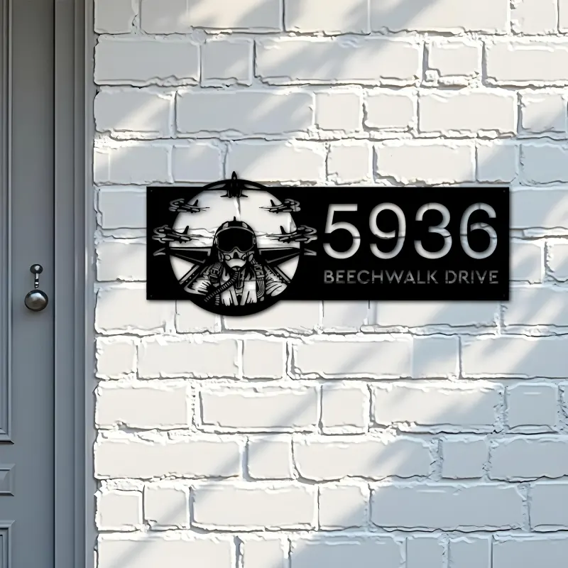 Custom Metal Jet pilot airplane fighter Metal Address Sign House number Hanging Address Plaque Yard Sign Outdoor