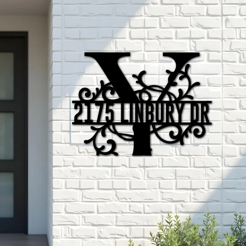 Custom Metal Floral Monogram Split Letter Y Metal Address Sign House number Hanging Address Plaque Yard Sign Outdoor decor
