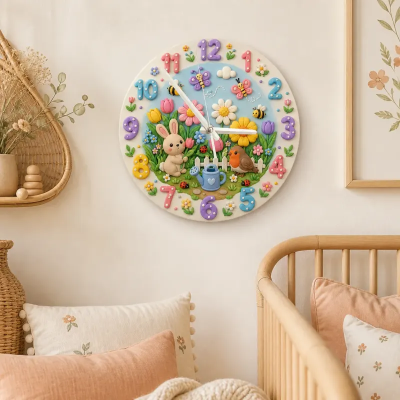 Spring Garden Bunny & Bird Kids Room Wall Clock