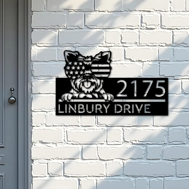 Custom Metal Yorkshire dog US flag glasses Metal Address Sign House number Hanging Address Plaque Yard Sign Outdoor decor