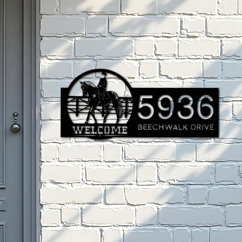 Custom Metal Horse Rider welcome Metal Address Sign, House number, Outdoor Number Signage, Yard Sign Address Plate