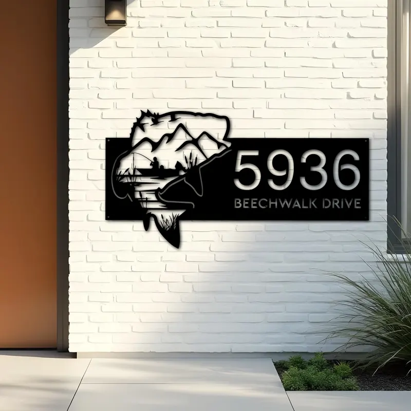 Custom Metal Bass fishing fisherman Metal Address Sign, House number, Outdoor Number Signage, Yard Sign Address Plate002