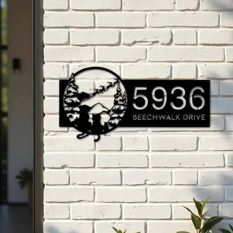 Custom Metal Christmas Dog cat Santa Claus on sleigh Metal Address Sign, House number, Outdoor Number Signage, Yard Sign Address Plate