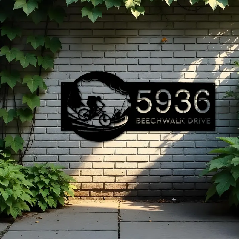 Custom Metal Mountain Bike Bicycle Cyclist Metal Address Sign, House number, Outdoor Number Signage, Yard Sign Address Plate
