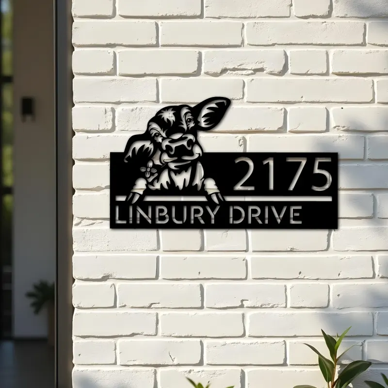 Custom Metal Peeking Calf farm animal ranch Metal Address Sign, House number, Outdoor Number Signage, Yard Sign Address Plate