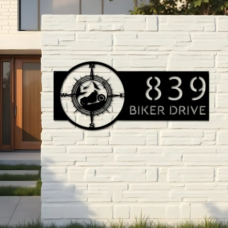 Custom Metal Motorcycle mountain compass Biker Metal Address Sign, House number, Outdoor Number Signage, Yard Sign Address Plate