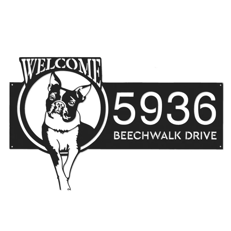 Custom Metal Boston Terrier dog welcome Metal Address Sign, House number, Outdoor Number Signage, Yard Sign Address Plate