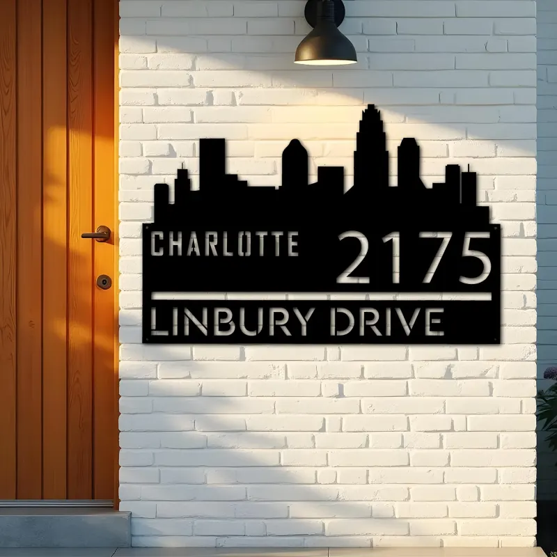 Custom Metal Charlotte city skyline Metal Address Sign Hanging Address Plaque house number Yard Outdoor Sign
