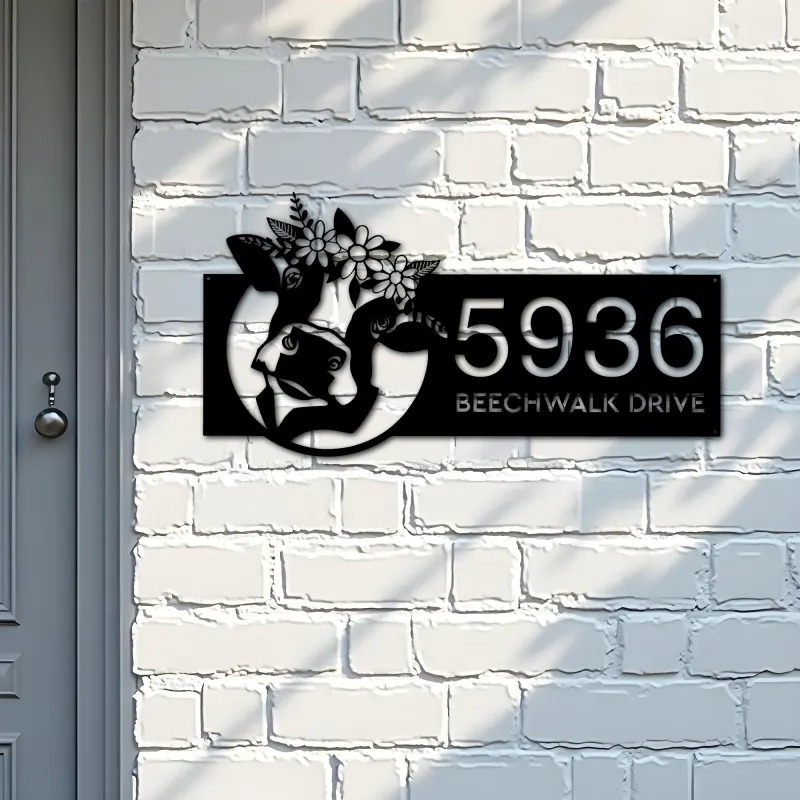 Custom Metal Floral Cow Ranch farmhouse farm animal Metal Address Sign, House number, Outdoor Number Signage, Yard Sign Address Plate