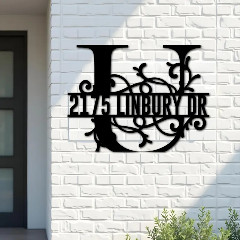 Custom Metal Floral Monogram Split Letter U Metal Address Sign House number Hanging Address Plaque Yard Sign Outdoor decor