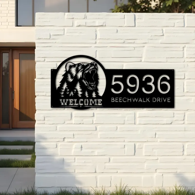 Custom Metal Bear forest scene wild life animal welcome Metal Address Sign, House number, Outdoor Number Signage, Yard Sign Address Plate